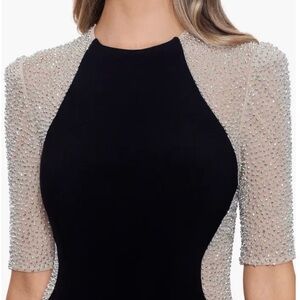 Xscape: Caviar Beaded Mesh Short Sleeve Crew Neck Jersey Sheath Gown